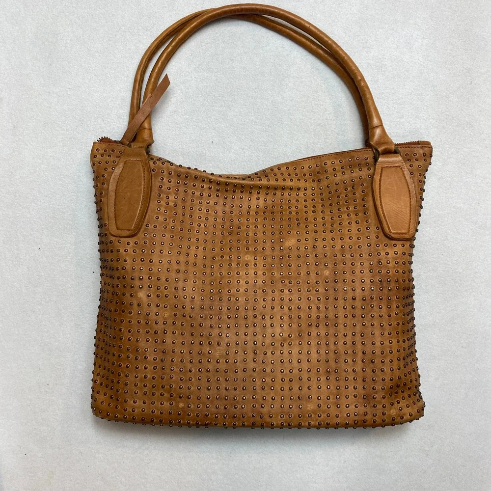 Platania Brown Leather Studded Double Handles Large Tote Shoulder Bag - Italy